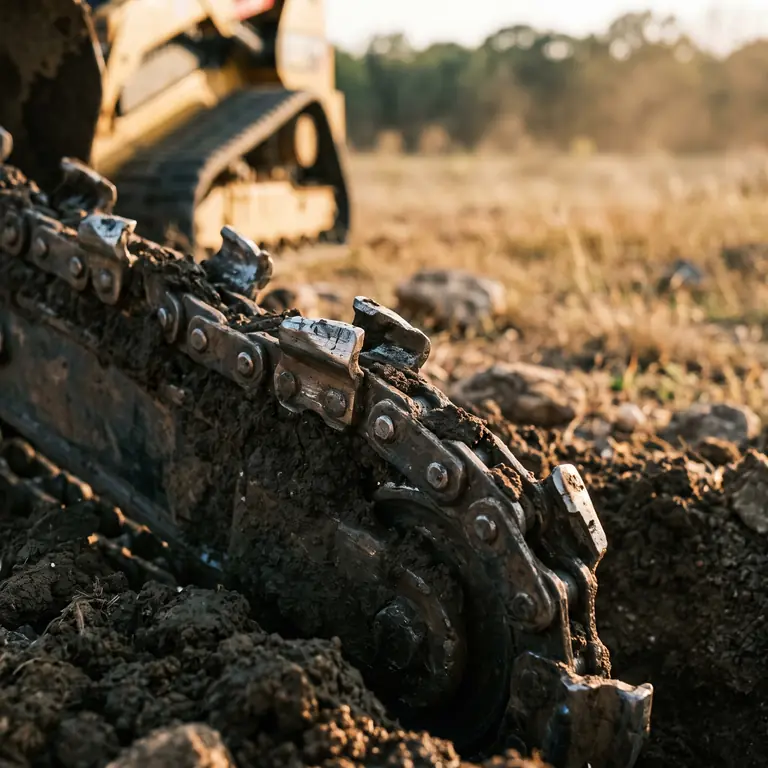 Close-up of the carbide cutting teeth on the trencher chain