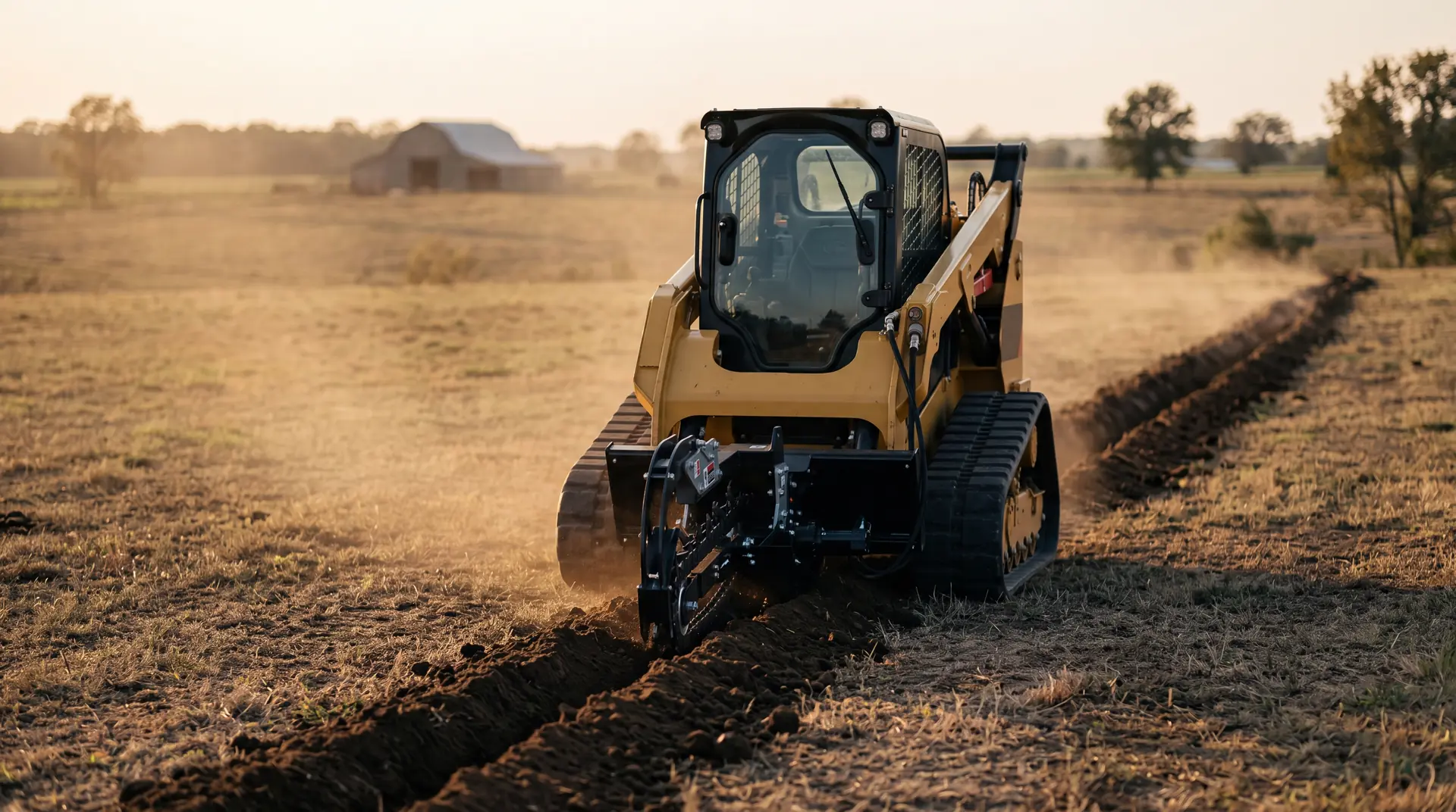 A yellow compact track loader cutting a straight trench across open East Texas pasture at golden hour